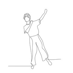 Continuous one line dancing woman with curly hair. Vector illustration.