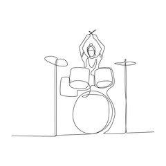 Continuous one line woman going to playing drums. Vector .