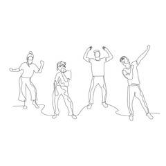 Continuous one line dancing people. Dance party. Vector illustration.