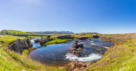 Panoramic picture of Snaefellsjökull volcano area on Snaefells peninsula on Iceland in summer