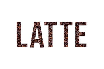 Stencil word LATTE on textured background of coffee bean