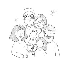 A happy family. Parents with children. Cute cartoon dad, mom, daughter, son and baby. grandmother and grandfather.