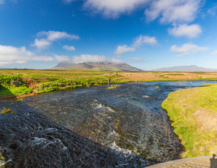 Panoramic picture of Snaefellsjökull volcano area on Snaefells peninsula on Iceland in summer