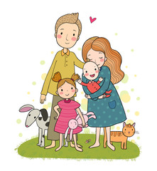 Obraz na płótnie Canvas A happy family. Cute cartoon dad, mom, daughter and baby. Funny cat and dog. Pets