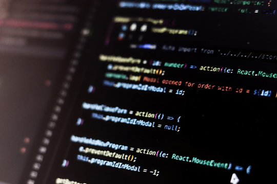 Close-up software code. Programming process. Background copy space