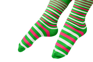 Woman in green socks isolated on white background. Top view.