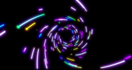 Glowing neon lines tunnel. Blue red pink and violet colorful lighting. Fluorescent ultraviolet lights in the space. Seamless 3D rendering background.