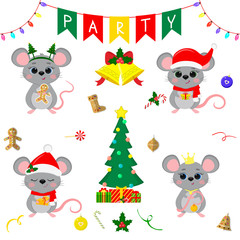 Christmas and New Year s party 2020. Set of four cute mouse rats in different costumes. Christmas trees, gifts, bells, sweets and other decor items. Cartoon style, Vector