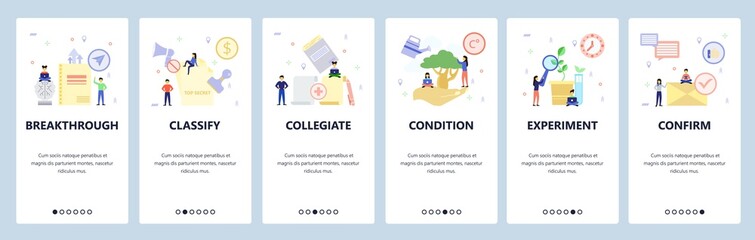 Mobile app onboarding screens. Biology experiment, plant tree, confirmation email, classify documents. Menu vector banner template for website and mobile development. Web site design flat illustration