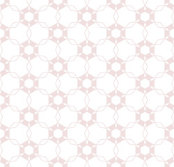 Subtle vector geometric seamless pattern in light pastel colors, white and pale pink. Abstract repeat ornament with hexagonal grid, lattice, net, diamond shapes. Delicate fine line background texture