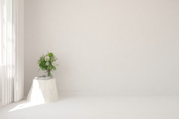 Empty room in white color with wooden table. Scandinavian interior design. 3D illustration