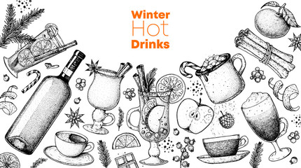 Hot drinks. Mulled wine, winter hot drink top view. Hand drawn sketch. Vector illustration. Christmas design template. Sketch collection. Christmas bar menu. Mulled wine, coffee and tea. Packaging