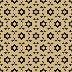 Vector golden ornamental seamless pattern. Simple black and gold texture with stars, triangles, floral shapes, delicate grid. Abstract background in oriental style. Luxury repeatable decorative design
