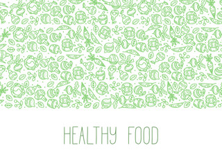 Background of vegetables and fruits with the text Healthy Food. Vector illustration