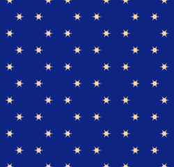 Vector minimalist geometric floral seamless pattern. Abstract ornament in deep blue and yellow colors. Graphic texture with small flower shapes, stars, snowflakes. Christmas background. Repeat design