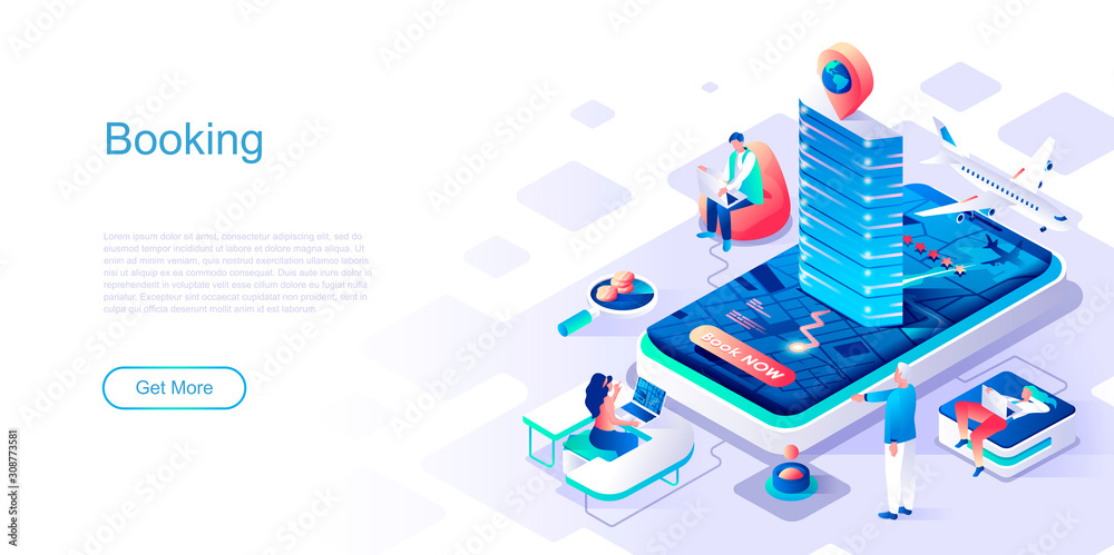 Aufkleber Booking landing page vector template. Ordering boarding tickets website header UI layout with isometric illustration. Tourism agency, departure for vacation web banner isometry concept