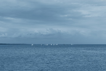 Gulf of Finland coast in classic blue. Island and sailboats on the horizon in classic blue.