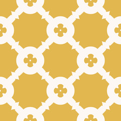 Vector geometric floral texture. Abstract seamless pattern with grid, big carved shapes, flower silhouettes, repeat tiles. Yellow and white ornamental background. Design for decor, furniture, ceramic
