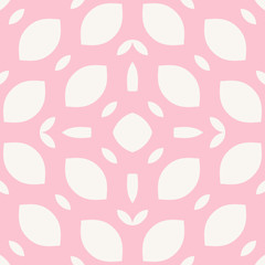 Vector seamless pattern. Simple pink and white geometric texture. Elegant background with curved shapes, petals, leaves, mesh, grid, tissue. Cute abstract minimal design for decoration, tileable print