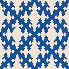 Abstract geometric seamless pattern. Vector background in blue and beige color. Simple luxury ornament with rhombuses, diamond shapes, lattice. Elegant ornamental graphic texture. Ethnic style design