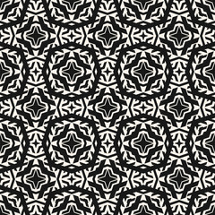 Vector monochrome seamless pattern. Floral ornamental background, repeat geometric tiles, diamonds, stars, flowers, grid, net. Abstract black and white ornament texture. Elegant oriental style design