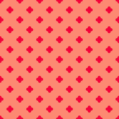 Vector geometric floral seamless pattern. Simple repeat minimal texture. Red and coral color. Elegant abstract graphic background. Minimalist ornament with flower silhouettes, diamonds, stars, crosses