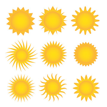 Set of 9 yellow sun icon for weather design on white, stock vector illustration