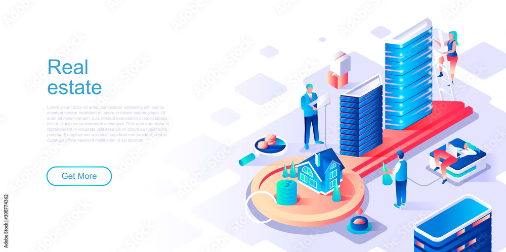 Fototapete real estate landing page vector template. private property website header ui layout with isometric i
