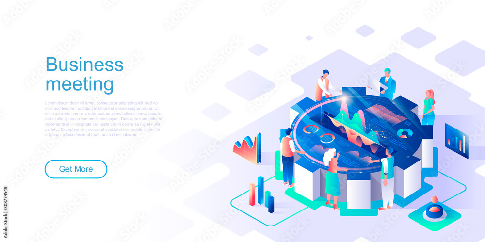 Fototapete Business meeting landing page vector template. Workshop for entrepreneurs website header UI layout with isometric illustration. Business people cooperation web banner isometry concept