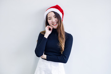 Young woman in costume Christmas on white background.