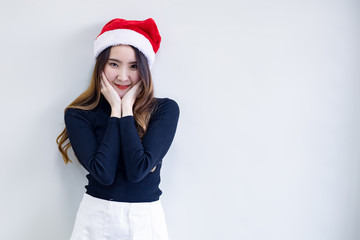 Young woman in costume Christmas on white background.