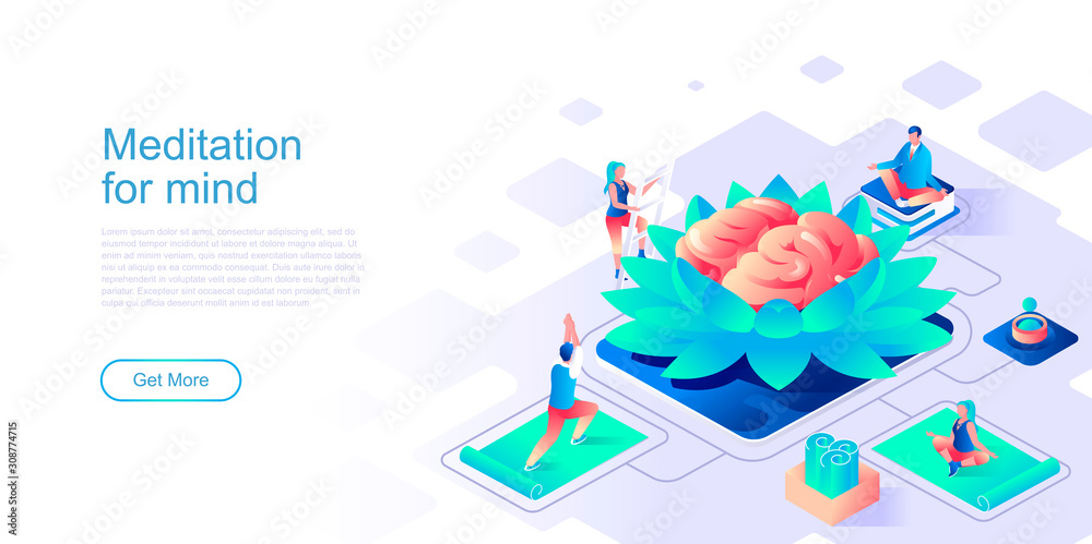 Poster meditation for mind landing page vector template. calming techniques, stress relief website header u
