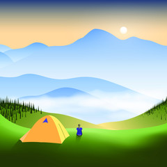 Girl hiker sitting near yellow tourists tent and enjoy majestic sunrise in a misty mountain valley. Vector illustration EPS 10.