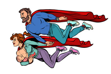 a family of superheroes. dad mom and baby
