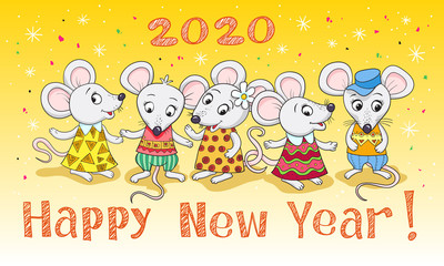 Naklejka premium Party of funny mice, symbol of 2020. Banner for your design, greeting card, hand drawing, cartoon style.
