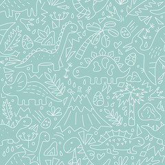 Cute doodle dinosaurs. Seamless pattern. Vector illustration in doodle style. Hand drawn. Linear © Elena Pimukova