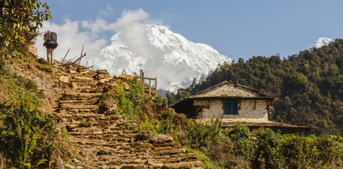 Fototapeta na wymiar Stone stairs lead up to the Annapurna Base Camp past a traditional rural Nepali house. 