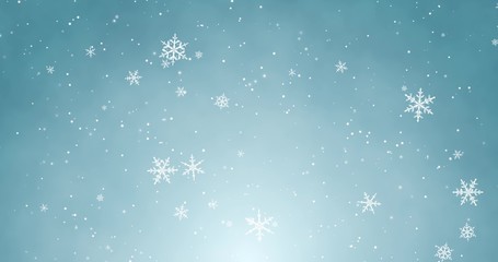Snowflakes and bokeh lights on the blue Merry Christmas background. 3D rendering