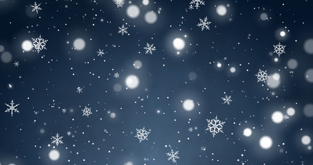 Snowflakes and bokeh lights on the blue Merry Christmas background. 3D rendering