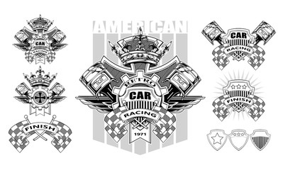 Graphic black and white coat of arms with crossed racing flag, pistons, royal diamond crown, gear and wings. Isolated on white background. Vector icon set.