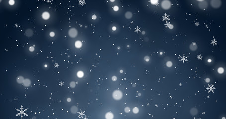 Snowflakes and bokeh lights on the blue Merry Christmas background. 3D rendering