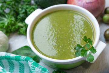 top view of vegetable broth dish, mash or cream