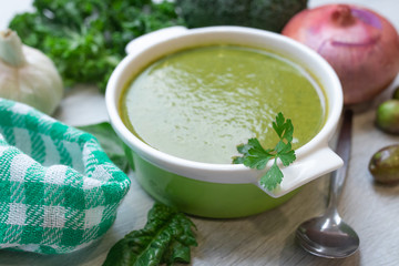 top view of vegetable broth dish, mash or cream