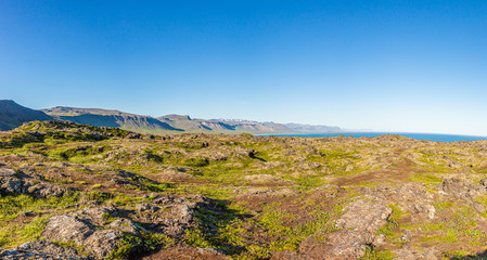 Panoramic view from Snaefellsjökull volcano over the Snaefells peninsula on Iceland in summer