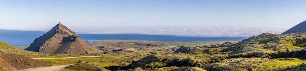 Panoramic view from Snaefellsjökull volcano over the Snaefells peninsula on Iceland in summer