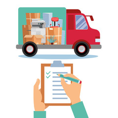 Business moving concept. Storage, logistics, local delivery service company with small cargo truck with boxes inside and employee hands holding clipboard with abstract shipping form. Vector flat