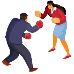 man and woman in office clothes box with each other, aggression, defense, argument, assault, discussion, isolated object on a white background, vector illustration