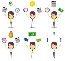 Portrait of a beautiful expressive young brunette with objects. Stock flat vector illustration.