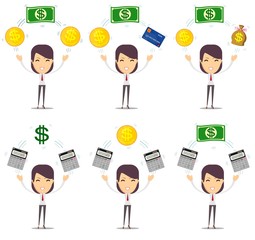 Portrait of a beautiful expressive young brunette with objects. Stock flat vector illustration.