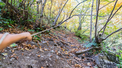 Man climbing uphill in autumn forest. Krasnaya Polyana, Sochi, Russia.